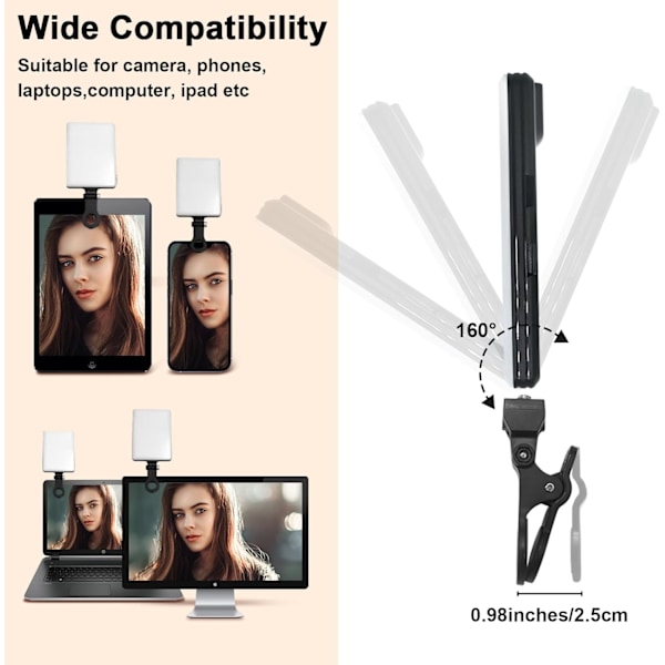 Selfie Lys, 60 LED Telefonlys, Lys 2000Mah Genopladelig Clip Video Lys, 10-Niveaus Lysstyrkejustering, CRI 95+, 3 Lys Tilstande white