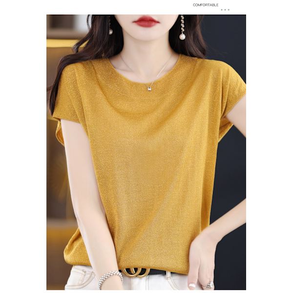 Sommer Ny Casual Kortærmet Dame Rund Hals Strik Sweater Ærme T-shirt Løs Western-stil Lys Silke Elegant Top Ginger L