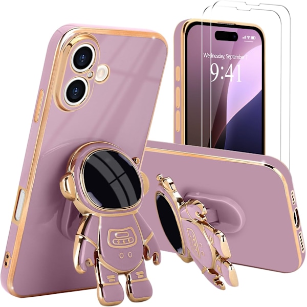 For iPhone 16 Deksel, Søt 3D Astronaut Stativ med [2 Skjermbeskyttere] [Kamerabeskyttelse] Støtsikker Bling Silikon Myk Purple