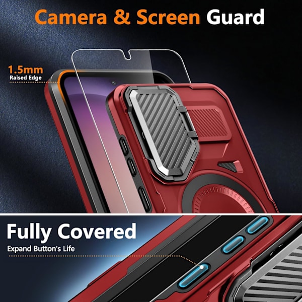 Samsung Galaxy S24plus/s25 plus Cover med Skærmbeskytter, [Kompatibel med Magsafe] [Justerbart Kamerastativ] Militær-Klasse Stødsikker Red