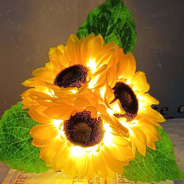 Solsikke Bordlampe, Genopladelig Ledningsfri Lille Skrivebordslampe, 3 Farver Dæmpbar Kunstig Blomst Natlampe, Falsk Buket 3 Hoveder med Krystal Vase
