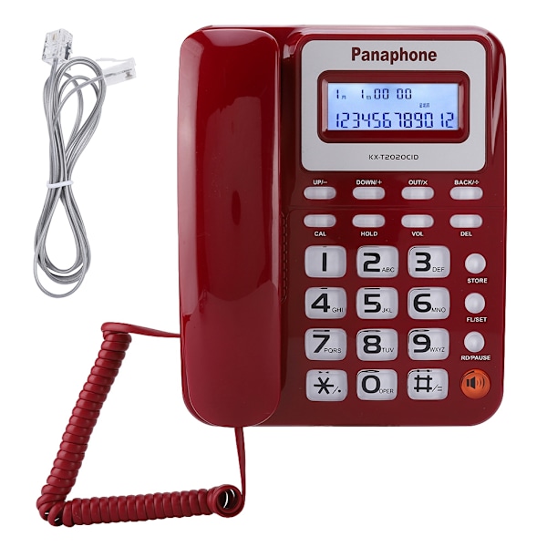 KX-2020CID kablet telefon med højttaler, stemmeoptager, opkalds-id-visning, lommeregner, rød