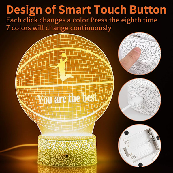 3D Basketball Natlampe, 3D LED Illusion Lampe med Fjernbetjening, 16 Farver Smart Touch USB Opladning Bordskrive Optisk Belysning til Drenge Piger