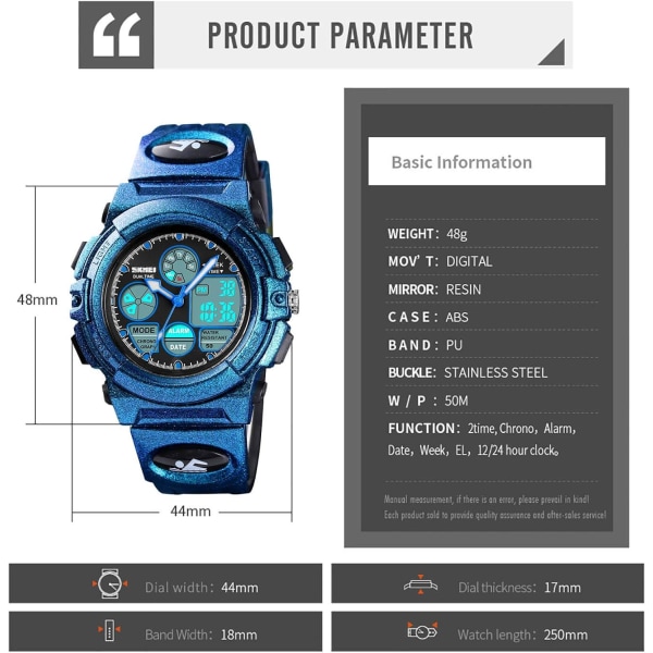 Pojkar, flickor, vattentät watch, ljusblå PU-rem för watch, elektronisk analog watch med larmstoppur