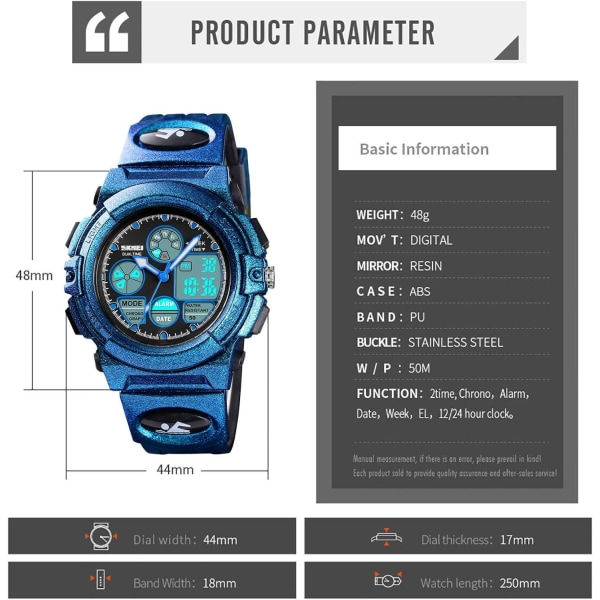 Vandtæt udendørs ur til drenge og piger, lyseblå PU-rem børneur, elektronisk analogt kvartsur med alarmstopur