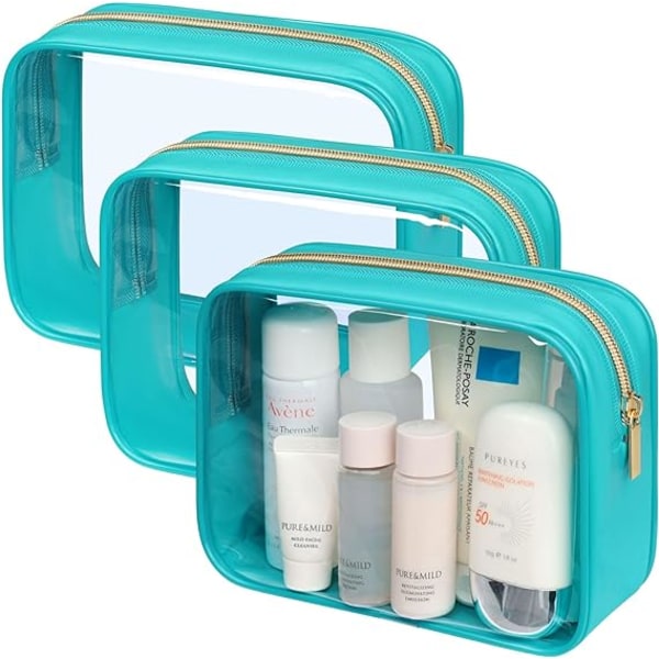 Toilettaske - Gennemsigtig makeuptaske Vandtæt taske i kvartstørrelse, kosmetiktaske til rejse-makeup til kvinder, bæretaske, der overholder lufthavnsflyselskabet, 3 stk. Turquoise