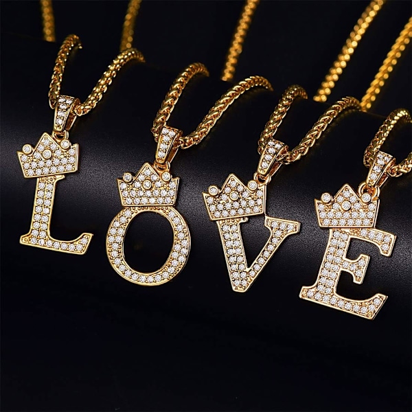 Krone Initial A-Z Halskæde, Iced Out Bogstav Vedhæng med 22-24 Tommer Kæde, Mænd Kvinder Bling Hip Hop Alfabet Navn Smykker Gave Store Initialer Halskæder D 18K Gold