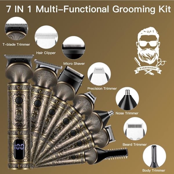 Skäggtrimmer Kit Professionell Hårklippare Trimmer Zero Gapped T-Blade Trimmer Elektrisk Rakapparat Rakhyvel Näsa Kroppstrimmer för Män Sladdlös Skötsel Ki
