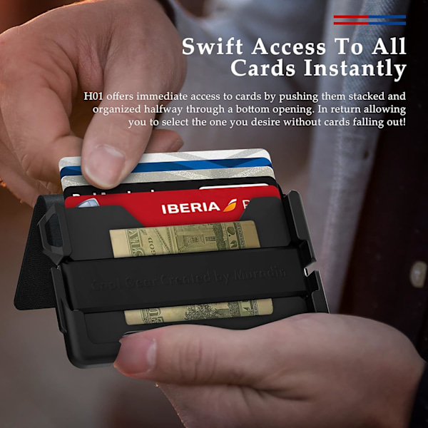 Taktisk minimalistisk plånbok för män, smal RFID-blockerande metallkortfodral, främre ficka Menu2019s läder Dapper Bifold-plånbok med pengaclip Black