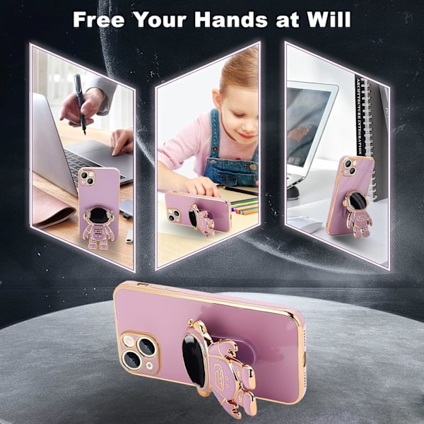 For iPhone 15 Deksel, Søt 3D Astronaut Stativ med [2 Skjermbeskyttere] [Kamerabeskyttelse] Støtteben Støtsikker Bling Silikon Myk Ba Purple