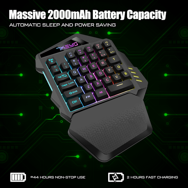 Langaton Yksikätisen Pelikirjoitin, 2.4Ghz RGB Taustavalaistu Mini Pelikirjoitin, Ladattava 2000mAh Akku PC-pelaajille