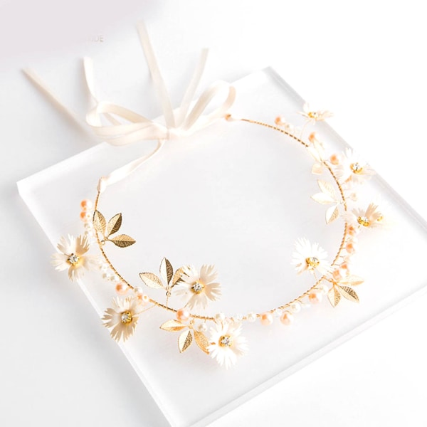 Bridal Headdress Ribbon Faux Pearl Alloy White Bride Wedding Hair Vine for Women Birthday Celebration