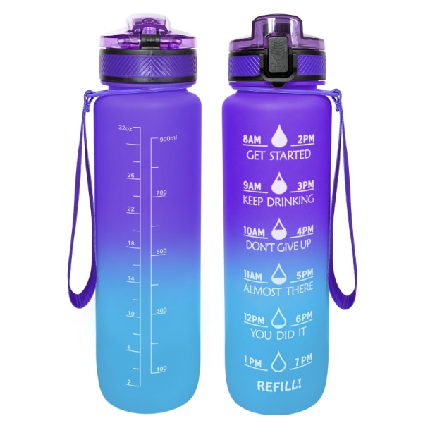 32 oz motiverende vandflaske med tidsmarkør ， 1 l flaske med bærestrop, perfekt til fitness, fitness og udendørs sport（Macaron Purple Blue）