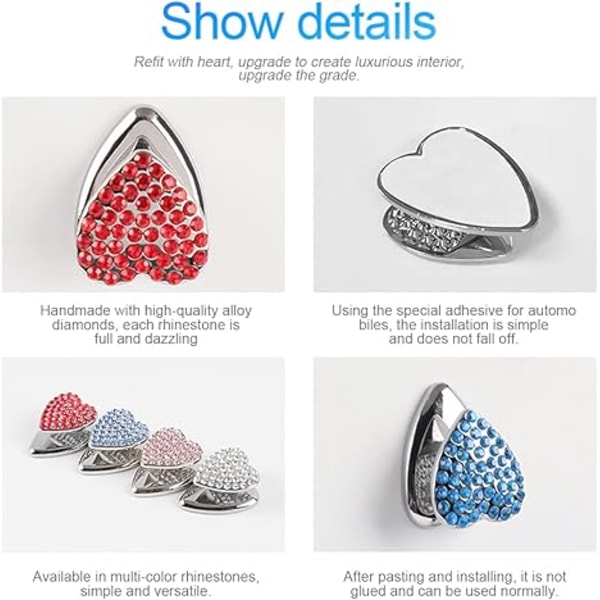 Bling Mini Kroge til Bil, 4 STK Søde Hjerteformede Håndlavede Rhinestone Kroge til Bil, Hjem, Bilophængsarrangør Klæbende Kroge til Nøgler, Pung, Aut
