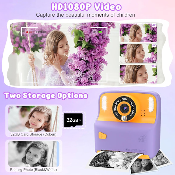 Amzelas Børns Kamera Instant Print Fotos Jule Fødselsdagsgaver HD Digitale Videokameraer til Småbørn Bærbare med 32 GB-kort Purple