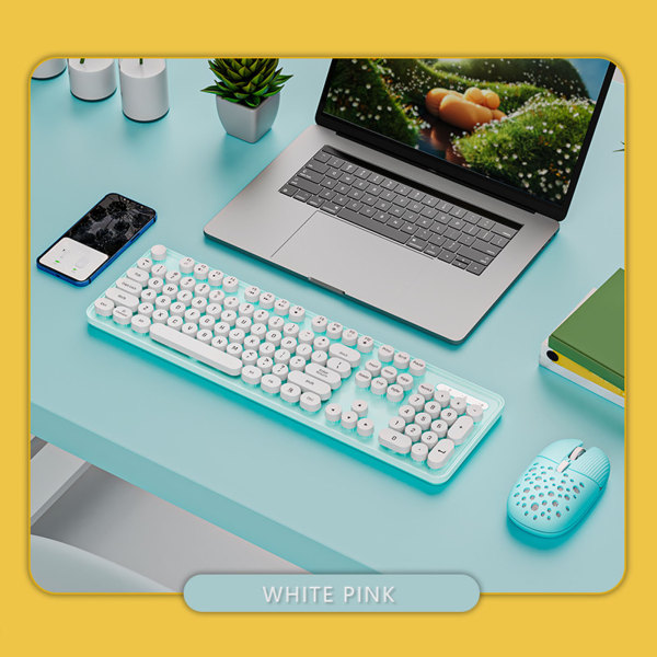Trådløst tastatur og mus Combo Pure Color Retro 2.4G trådløs tastaturmus med runde tastaturer og numerisk tastatur blått bord