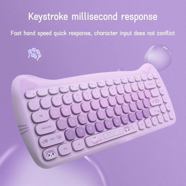 Söt Katt 2.4G USB Trådlöst Tangentbord och Mus-Set, Skrivmaskinsliknande Flexibla Tangenter, Godisfärger, Kompatibel med Bärbar Dator, PC Purple