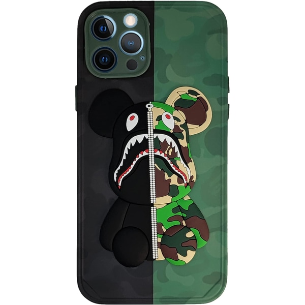 iPhone 12 Pro Cover Camo Shark Bear Design til drenge og piger, cool ArmyGreen Cartoon 3D mønster Street Fashion Stødsikker Anti-Scratch Fuld kropsbeskyttelse