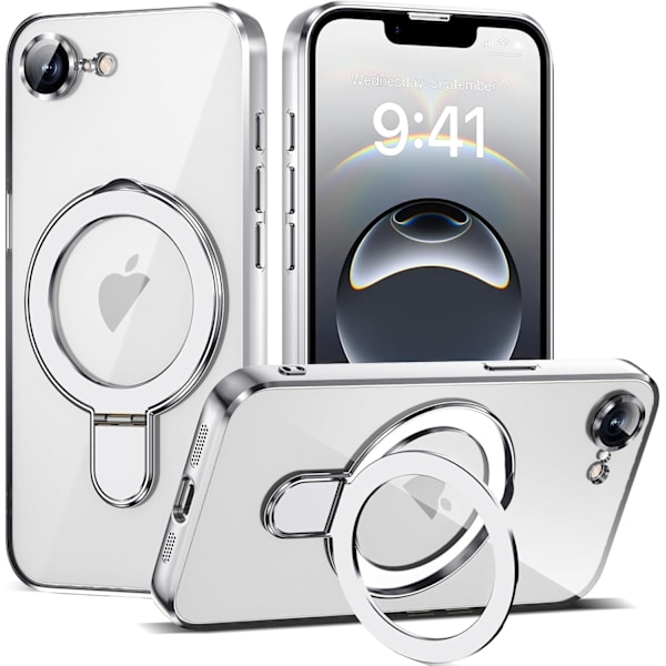 Kompatibel med iPhone 16e Cover med Magnetisk Ring Stand [Kompatibel med Mag-Safe] [Fuld Kameralinse Beskyttelse] Belægning Klar Telefon Silver
