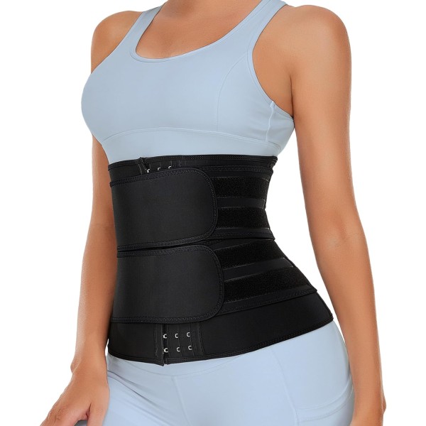 Neopren Taljetræner til Kvinder Slankning Body Shaper Talje Trimmer Cincher Svedbælte Black Double Belt With Hook S