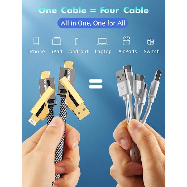 4-i-1 USB C-kabel Lynkabel 60W [Hurtig opladning og datasynkronisering] Fladvævet anti-tangle iPhone-opladerkabel med velcro (gul)