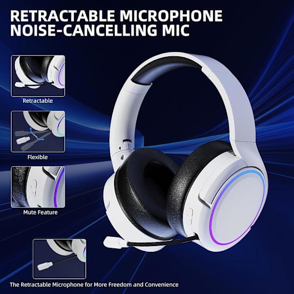 Premium 2.4GHz Trådlöst Spelheadset Bluetooth Hörlurar med Inbyggd Mikrofon, 3.5mm Trådbundet Spelheadset för Xbox, Vit