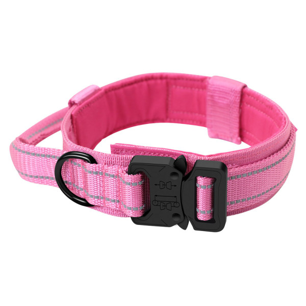 Dog Tactical Collar Nylon Outdoor Traction Adjustable Large and Medium Dog Collar Metal Buckle Dog Collar Set (L, Reflective rose red)