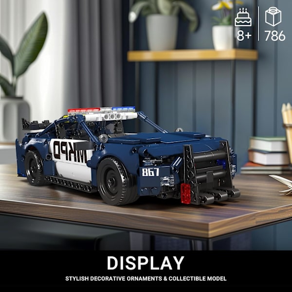 15073 Barricade Polisbil Byggsatser, MOC Deformerad Mustang Pull-Back Drag Race Leksaksbil Modellkit, (786 Bitar, Dynamisk Version)