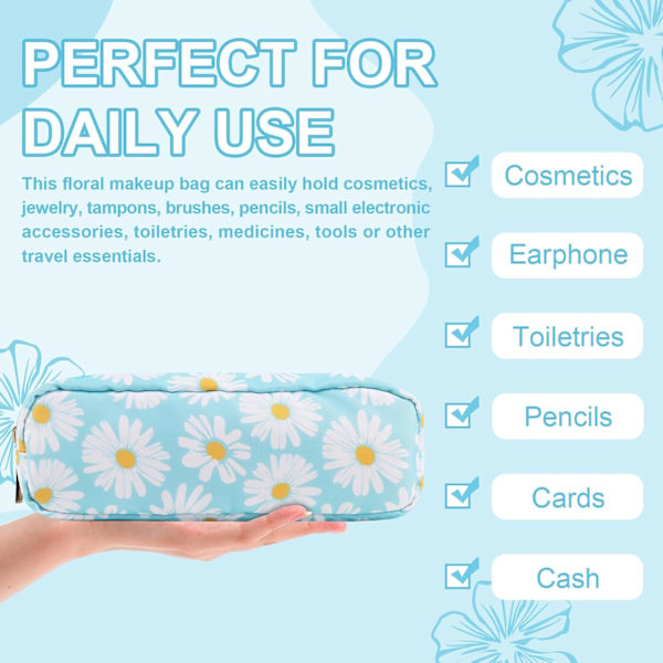 Vattentätt Litet Blommigt Pennfodral Sminkväska för Handväska, Sött Blommigt Pennfodral Preppy Nylon Sminkborsthållare med Dragkedja, Flickor Blue-Daisy