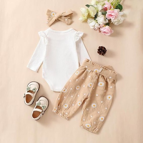 Nyfødt Spædbarn Pige Tøj Ribstrikket Romper Tusindfryd Print Bukser Hårbånd Baby Tøj til Piger cream-coloured 60CM