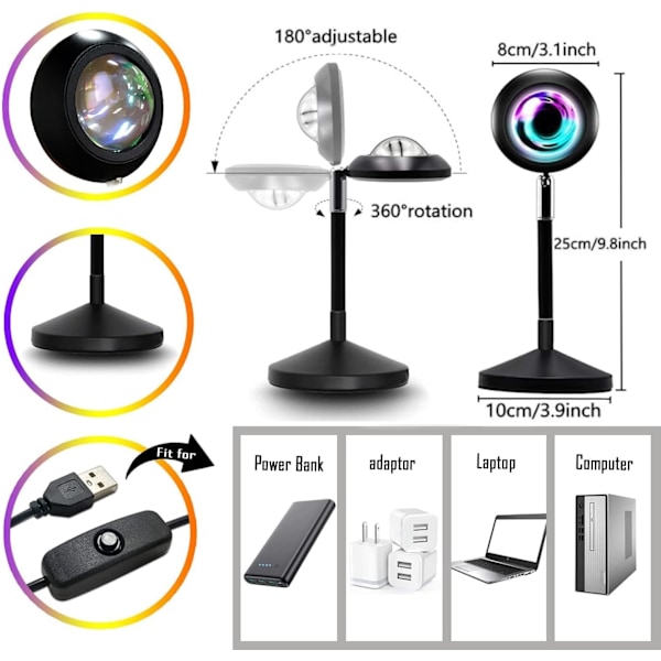 Solnedgangslampe Projektor, Sollyslampe Projektion med Fjernbetjening, 16 Farver Skiftende Sollamper, USB Nattelys til Vlog Fotografi Selfie Soveværelse Dekoration,
