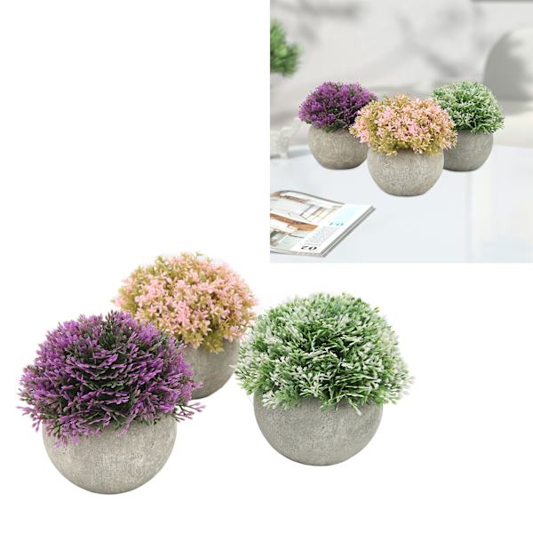 3 stk. Mini Potteplanter Kunstige Planter Plast Falske Grønne Planter Æstetiske Faux Planter Indendørs Runde Papirmasse Potte til Hjemmeindretning