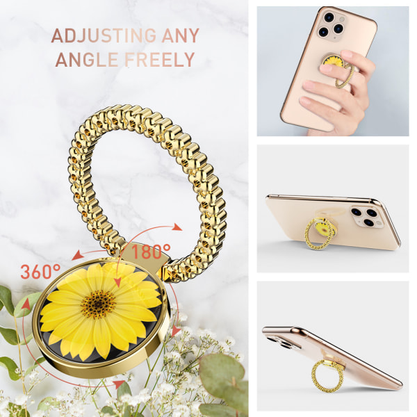 Metalltelefonringholderstativ Blomstermønster 360° roterende håndgrep Finger Kickstand Kompatibel med iPhone og alle smarttelefoner (gull)