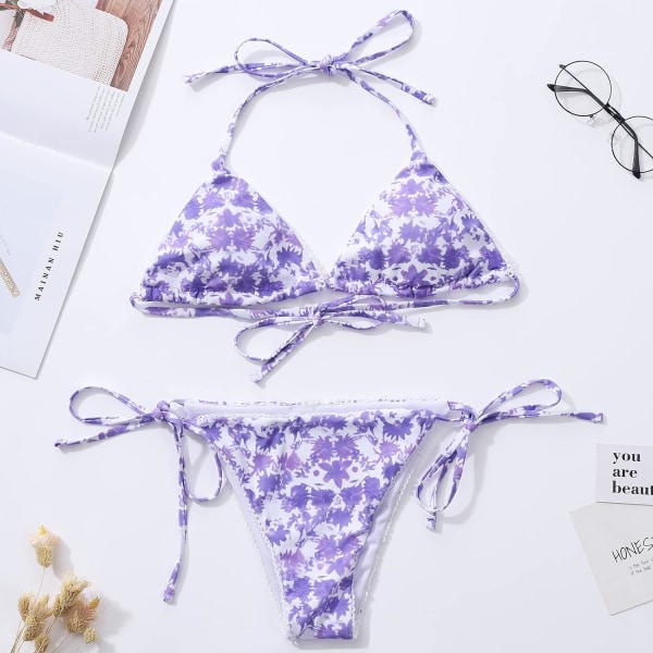 Bikini-badedraktsett for kvinner, badedrakt med trekant, knytetruse Floral Purple S