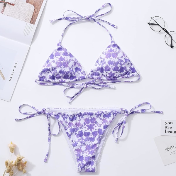 Bikinis Badkläder Set för Kvinnor Baddräkt Triangel Baddräkt Tie String Trosa Floral Purple M