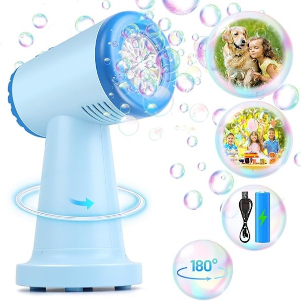 Bubbelmaskin för barn och småbarn, 90°/180° Auto Roterande Bubbelblåsare Uppladdningsbar Bubbelmaskin Sommarleksaker för Par blue