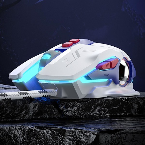 Ledningsforbundet Gaming Mus Computermus Mekanisk Åndedrætsfarvet Lys med Lyd 7 Taster USB Flettet Reb 4 Hastighed DPI Ergonomi PC Laptop Mecha Hvid