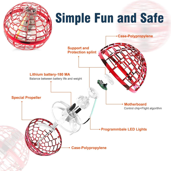 Flygende ballleker, 2021 oppgradert oppladbar boomerang spinner drone 360° roterende svevende kuleleke innebygd LED mini kule drone flygende (rød)