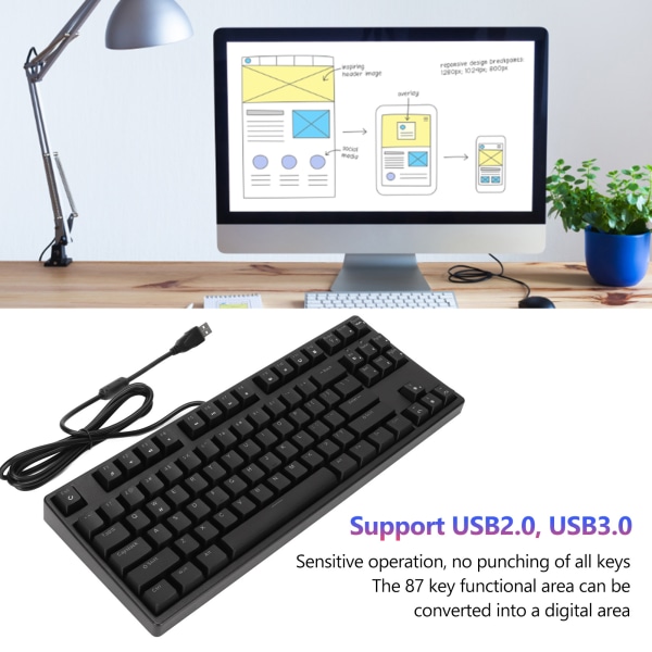 Mekanisk tastatur 87 taster blå switch monokromatisk hvidt lys forskellige lystilstande kablet tastatur til Win til IOS sort