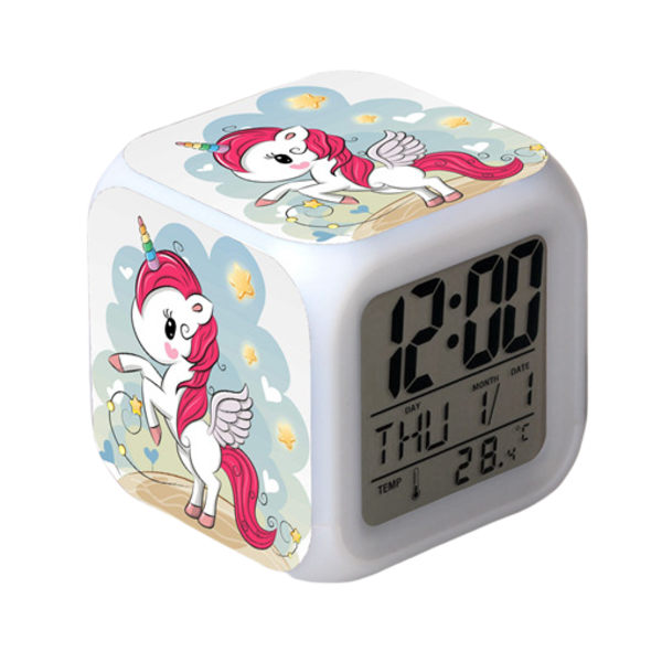 Wekity Unicorn Färgglad Alarmklocka LED Kvadratklocka Digital Alarmklocka med Tid, Temperatur, Alarm, Datum
