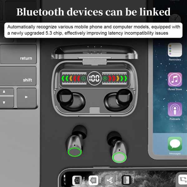 Mini langattomat nappikuulokkeet Bluetooth 5.3 kevyet kuulokkeet sisäänrakennettu mikrofoni, IPX5 vedenpitävä, mukaansatempaava ensiluokkainen ääni pitkän matkan yhteys M100 Black