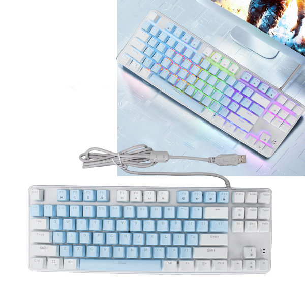 Mekanisk Gaming-tastatur 87 Nøkkel Blå Bryter RGB Bakgrunnsbelysning USB Kablet Mekanisk Tastatur for PC Bærbar PC Stasjonær Datamaskin Blå Hvit