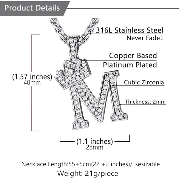 Krone Initial A-Z Halskæde, Iced Out Bogstav Vedhæng med 22-24 Tommer Kæde, Mænd Kvinder Bling Hip Hop Alfabet Navn Smykker Gave Store Initialer Halskæder M Silver