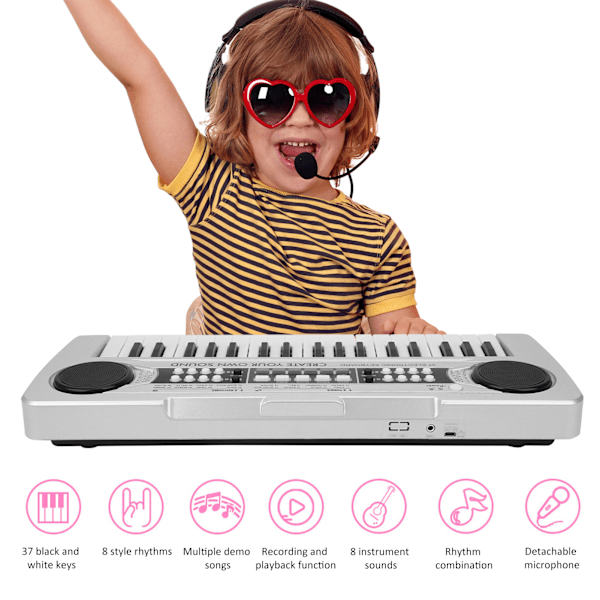 Elektronisk keyboard 37 pianotangenter barnespill musikkinstrument med mikrofon Silver