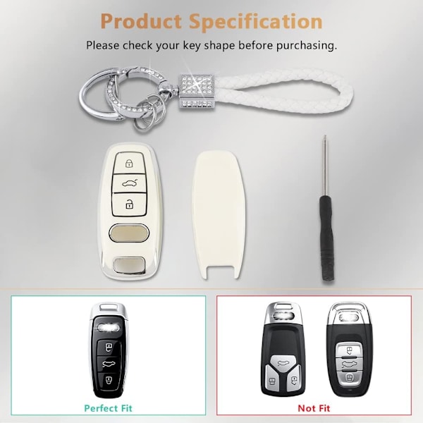 PIFOOG Hvit nøkkelringdeksel for Audi-tilbehør 3 knapper Myk TPU-nøkkelveske Shell Bling nøkkelring Lanyard-beskyttelse Jentete kvinner