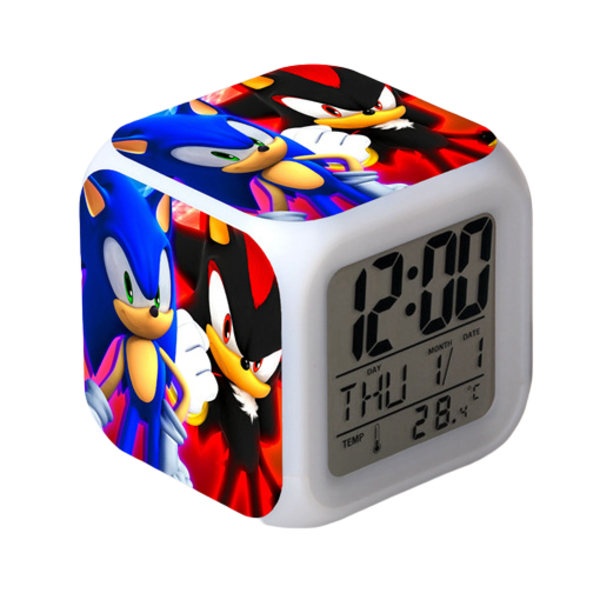 Wekity Sonic the Hedgehog Färgglad väckarklocka LED Kvadratisk klocka Digital väckarklocka med tid, temperatur, alarm, datum