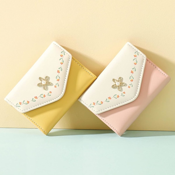 Dam Plånbok Söt Blomma Tri-Fold Plånbok PU Läder Plånbok Smal Kort Plånbok Liten Trippelvikt Kontanter Korthållare Väska (Gul)