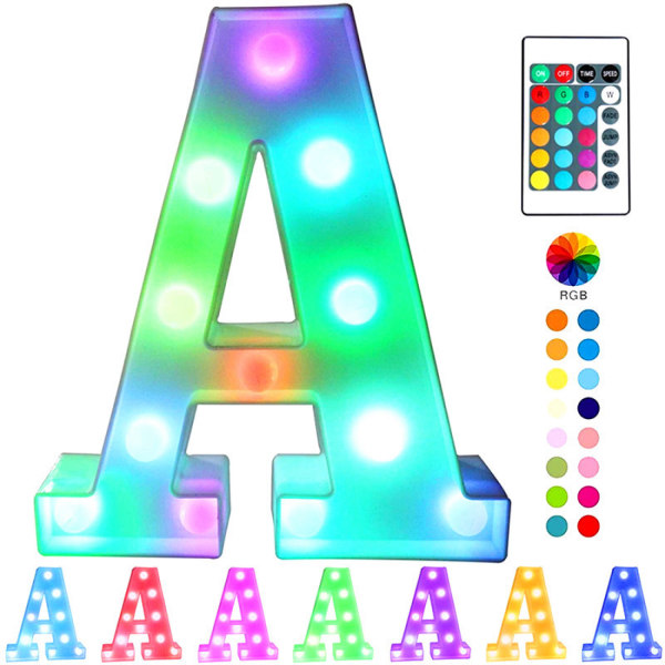 Qinwei färgglada LED-markeringsramsbokstavsljus med fjärrljus upp markeringstältskyltar Festbarbokstäver med ljusdekorationer för hemmet --- Multicolor A