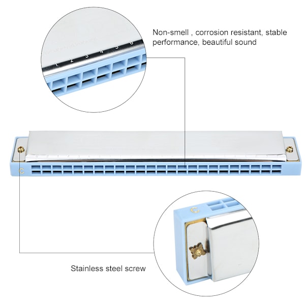 Profesjonell munnspill munnspill diatonisk harpe C-nøkkel rustfritt stål dekselplate 24-hulls Blue