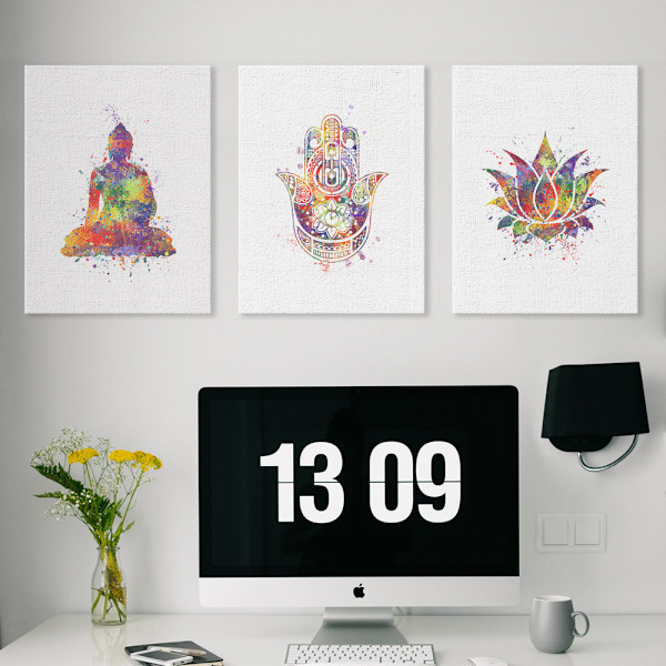 Wekity Buddha, Lotus och Mudra väggkonst canvas tryck affisch, enkel mode akvarell konst ritning dekor för hem vardagsrum sovrum kontor (set om